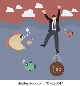 Businessman get drowned because tax weight. Business concept