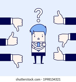 Businessman get feedback from other people. Cartoon character thin line style vector.