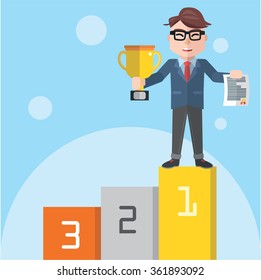 Businessman get first podium flat color cartoon illustration