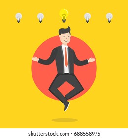 Businessman get a great idea and meditating. Business idea concept. Flat cartoon style. Vector illustration.