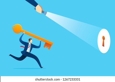 businessman get a guidance to put a key in its place as an problem solution. Business concept vector illustration.