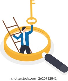empresário obter uma orientação para colocar uma chave em seu lugar como uma solução de problema. Ilustração do vetor do conceito de negócios.

