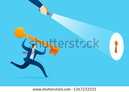 businessman get a guidance to put a key in its place as an problem solution. Business concept vector illustration.