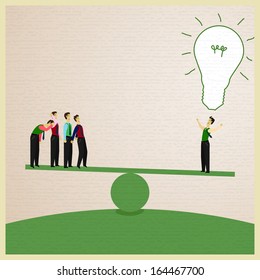 businessman get the idea and stand people on scales. Vector illustration.