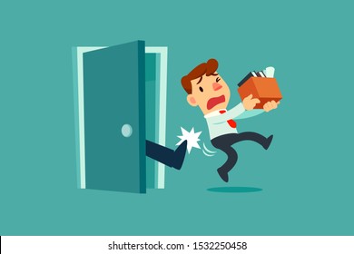 Businessman get kicked out of a door. Dismissed from his job. Unemployment business concept. 