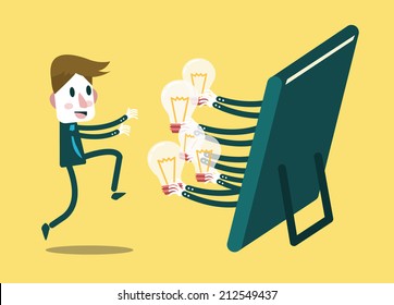 Businessman get a lot of light  bulb ideas from internet. Online learning and education concept. flat design element. vector illustration