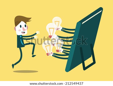 Businessman get a lot of light  bulb ideas from internet. Online learning and education concept. flat design element. vector illustration