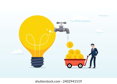 Businessman get money from revenue faucet flowing from light bulb idea, startup company start generate revenue or income, business idea to make money, gain profit or create sales (Vector)