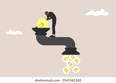 Businessman get money from revenue faucet flowing from lightbulb idea. concept of startup company start generate revenue or income, business idea to make money, gain profit or create sales