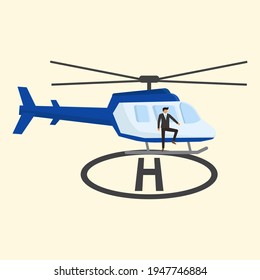 businessman get on the helicopter, flat illustration vector graphic