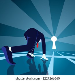 Businessman get ready on starting line. Starting career concept. Businessman in starting position ready to sprint run. Rear view. Vector illustration