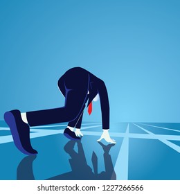 Businessman Get Ready On Starting Line. Starting Career Concept. Businessman In Starting Position Ready To Sprint Run. Rear View. Vector Illustration