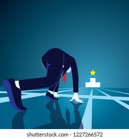 Businessman get ready on starting line. Starting career concept. Businessman in starting position ready to sprint run. Rear view. Vector illustration
