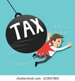 Businessman gets bounced by huge pendulum with message tax crashed, vector illustration cartoon