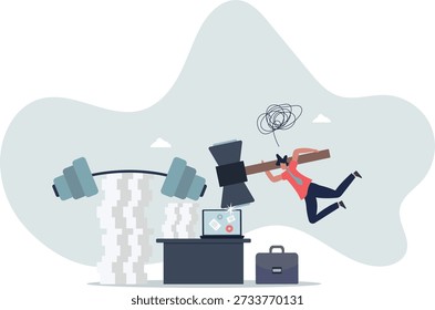 A businessman gets burned out at work due to too much paperwork.