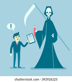 Businessman gets contract from grim reaper, Business concept, Vector illustration