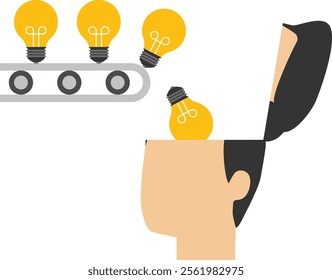 Businessman gets great idea light bulbs by production line, Vector illustration design concept in flat style

