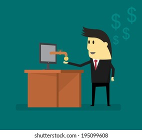 Businessman gets money drop out of tap, through a computer screen.Online marketing concept