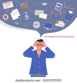 Businessman gets too much information. Person in stress tired of many different messages and news. Information and data overload concept. 