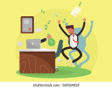 Businessman gets a successful deal and money is handed over through a hand from the computer screen