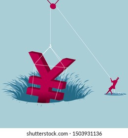 Businessman gets wealth from the trap. Isolated on blue background.