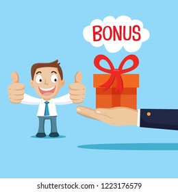 Businessman getting extra bonus form big hand of boss, illustration vector cartoon