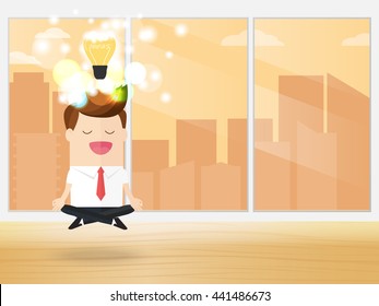 businessman getting light bulb with sparkling light like open mind during yoga and meditating 