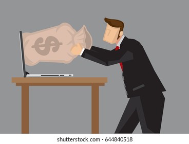 Businessman getting money out of laptop computer. Creative cartoon vector illustration for metaphor on earning money online.