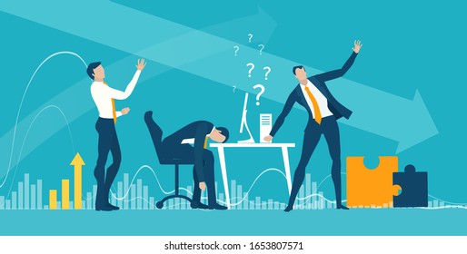 Businessman getting over stressed in the office, exhausted, tired person working long hours, competitive business life, stress and depression concept illustration. 