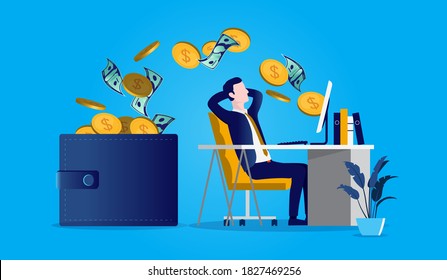 Businessman Getting Paid - Man Sitting In Front Of Desk While Money Pouring Out Of His Computer And In To His Wallet. Earning Money On Internet, Online Hustle And Passive Income Concept. Vector Format