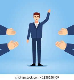 Businessman getting praised, multiple hands applauding. Business achievement, career growth. Flat design vector illustration