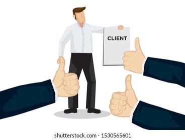 Businessman getting praises for bringing client to the company. Concept of teamwork, recognition or appreciation. Flat isolated vector illustration. 