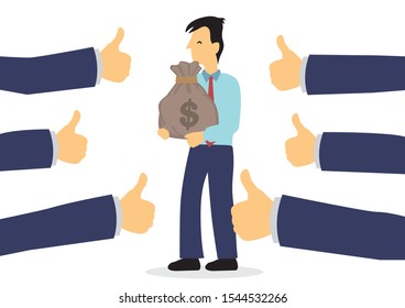 Businessman getting praises for his achievement in getting a bag of money for his company. Concept of hardwork, recognition or appreciation. Flat isolated vector illustration. 