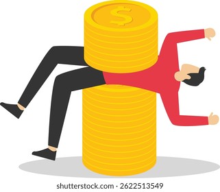 Geschäftsmann wird von Dollar-Währung gepresst. Geschäftskonzept, Vektorgrafik.


