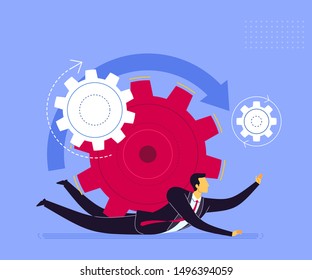 Businessman getting pressed by red gear. Business concept vector illustration.