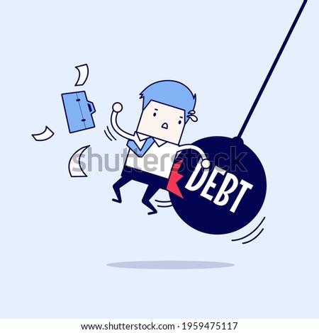 Businessman getting pushed by huge pendulum with message debt. Cartoon character thin line style vector.