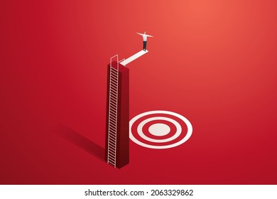 Businessman getting ready to jump onto a target on a springboard. Achieve goals, achievements and challenges in your business or career goals. isometric vector illustration.