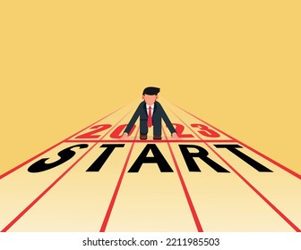 Businessman getting ready at the starting line. Concept of people ready to start career and business