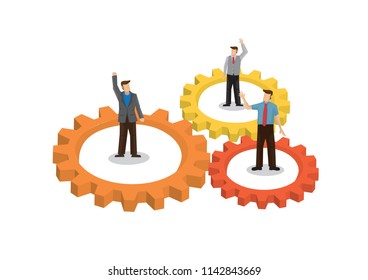 Businessman with giant gears surrounded them and waving with other businessmen. Concept of business cooperation; teamwork; collaboration and partnership. Vector illustration.