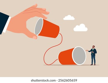 Businessman and giant hand communicating with paper cup telephone. Telling secrets through cups talk. Modern vector illustration in flat style.