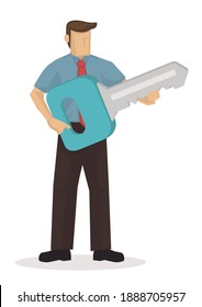 Businessman with giant key. Concept of solution finding. Flat character vector illustration in white background.