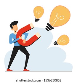 Businessman with a giant magnet attract idea vector isolated. Professional business character, magnetic energy. Light bulb magnetize.
