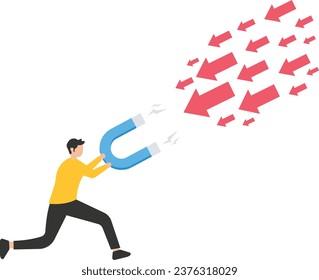 businessman with a giant magnet. attracting money, investments, lead generation, magnetism business concept


