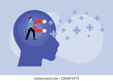 Businessman with giant magnet attracting positive thoughts 2D flat vector concept for banner, website, illustration, landing page, flyer, etc