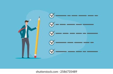 Businessman with giant pencil next to checklist, suitable for business presentations, planning concepts, project management, and organization themes