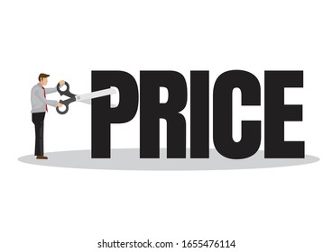 Businessman with a giant scissor cutting a Price block. Concept of cost reduction or budget management. Flat vector illustration.
