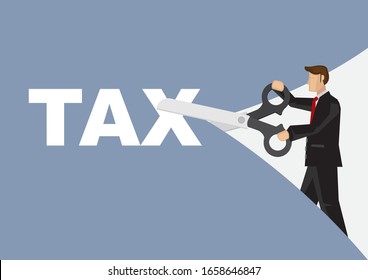 Businessman with a giant scissor cutting a tax paper. Concept of tax reduction or budget management. Flat vector illustration.