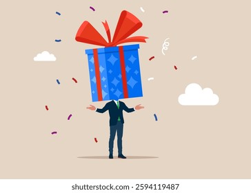 Businessman with a gift box with red bow instead instead of a head on shoulders. Modern vector illustration in flat style 