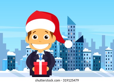 Businessman Gift Box Winter City Skyscraper View Cityscape Snow Skyline Vector Illustration