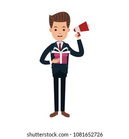 Businessman with giftbox and bullhorn